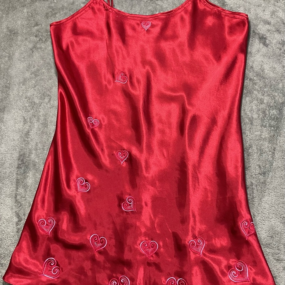 Elegant Red Satin Chemise with Heart Embroidery